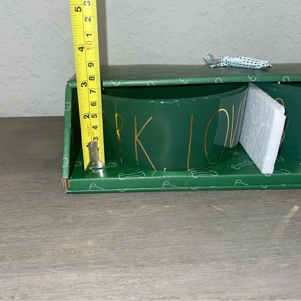 Rae Dunn Set of 2 Pet Bowls: BARK, LOVE & BELLY RUB Green with Gold lettering - Picture 7 of 7